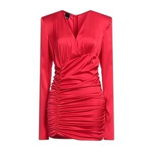 Pinko Zanzibar Satin Ruched Long Sleeve Party Cocktail Mini Dress in Red